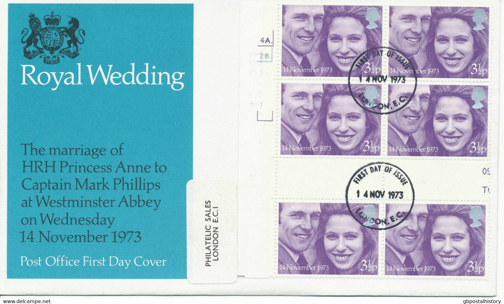 GB 1973 Royal Wedding Princess Anne VARIETY: Miscut Cyl.Bl. Of 6 W Gutter FDC - Varietà, Errori & Curiosità