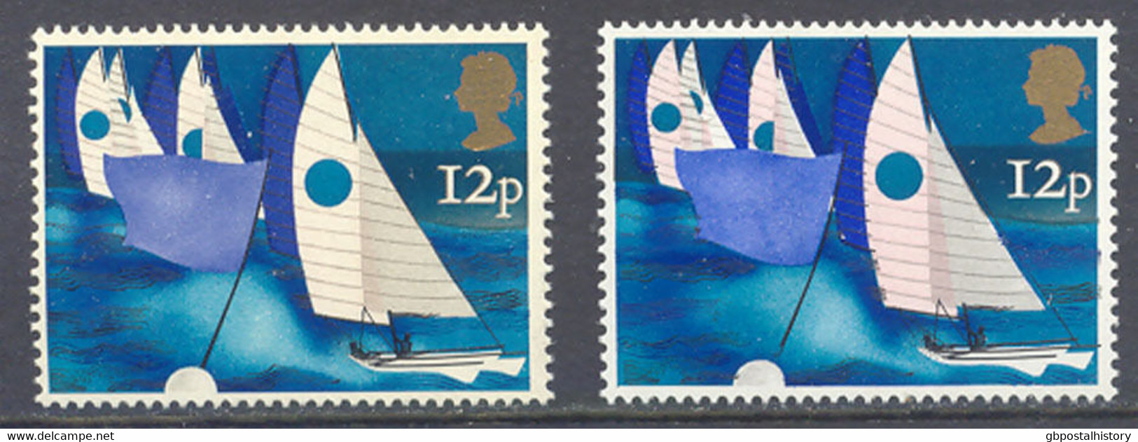 GB 1975 Sailing 12 P U/M ERROR/VARIETY: ROSE COLOUR + PHOSPHOR MISSING - Abarten & Kuriositäten