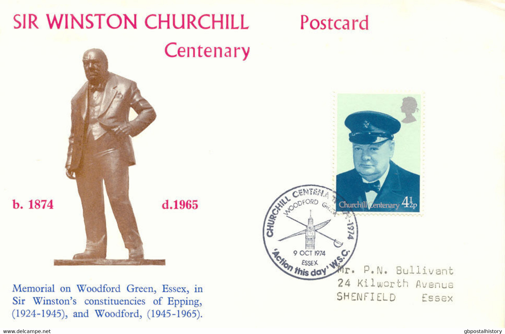 GB "CHURCHILL CENTENARY 1874-1974 WOODFORD GREEN 9 OCT 1974 ESSEX" Cvr - Brieven En Documenten