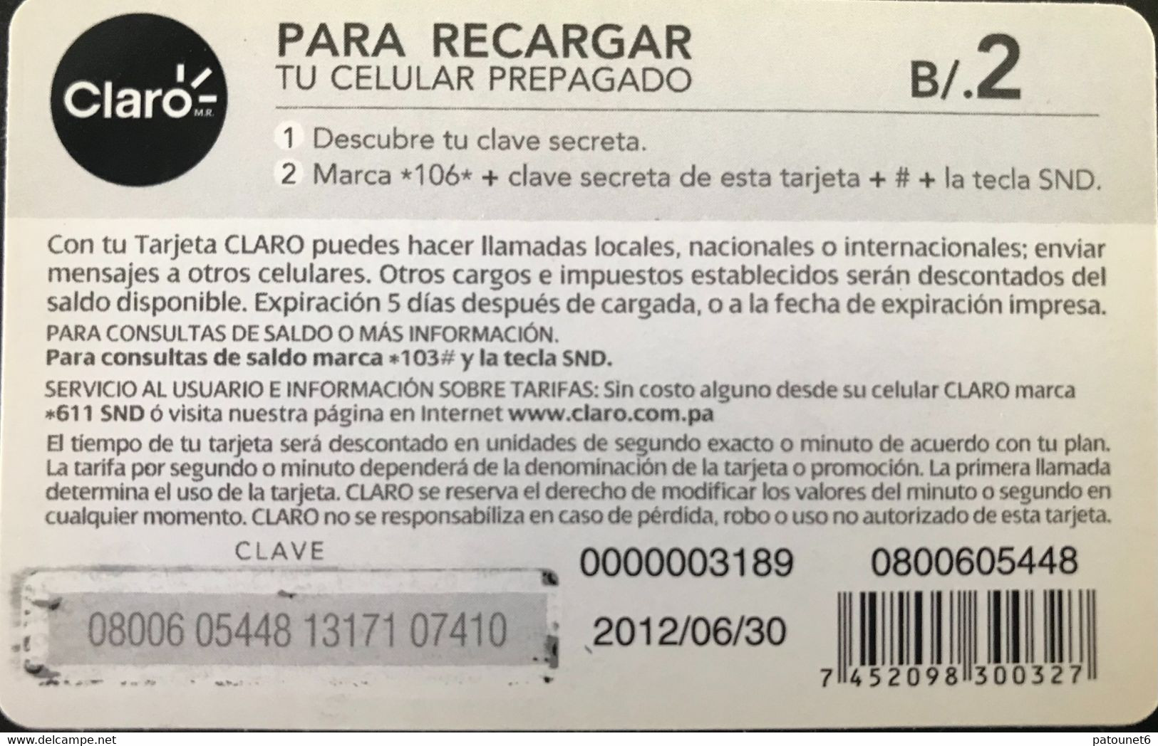 PANAMA  -  Prepaid  -  Claro  -  B/. 2 - Panamá