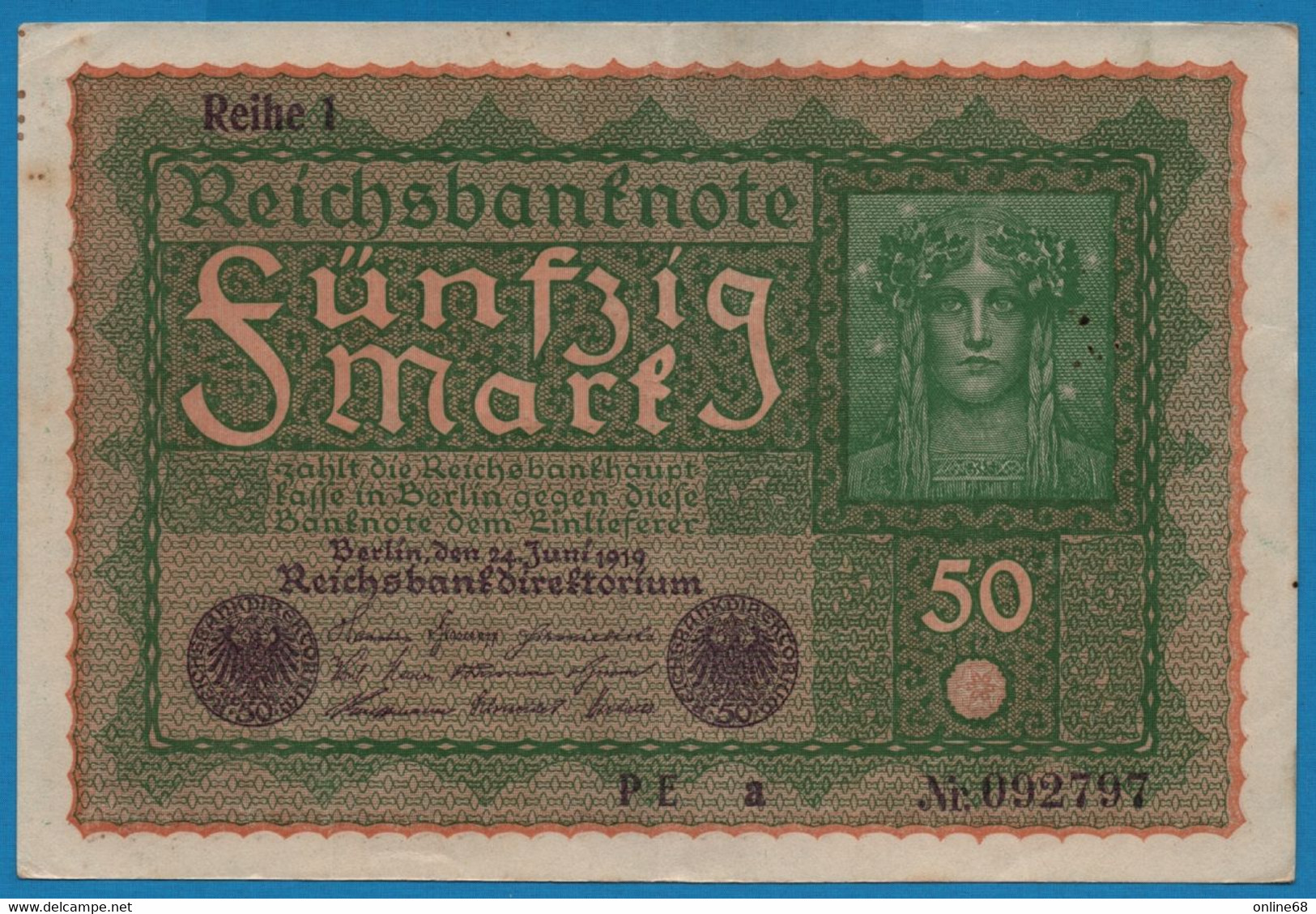 DEUTSCHES REICH 50 Mark  24.06.1919 Série PE A # 092797  P# 66 Reihe 1 - 50 Mark