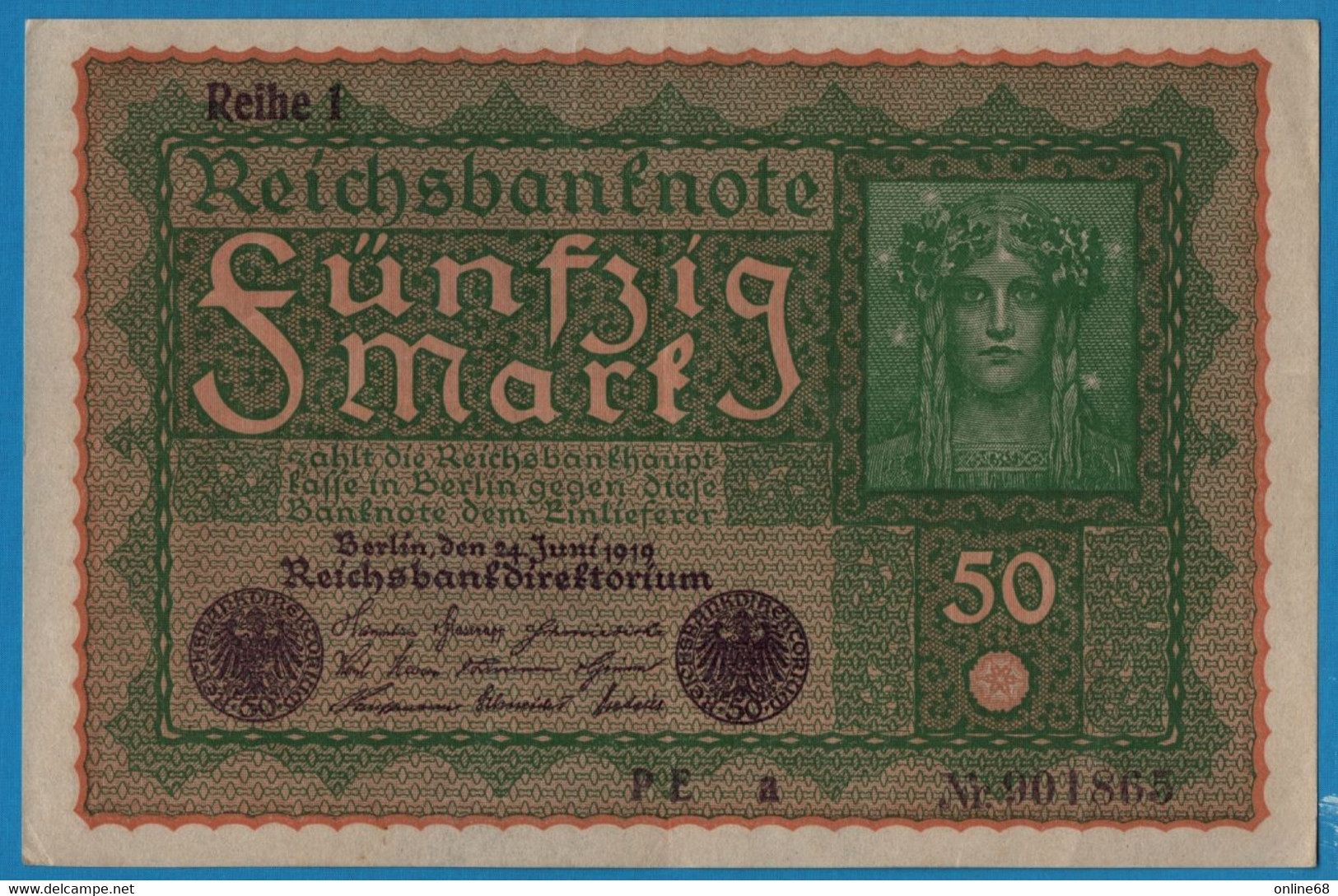 DEUTSCHES REICH 50 Mark  24.06.1919 Série PE A # 901865  P# 66 Reihe 1 - 50 Mark