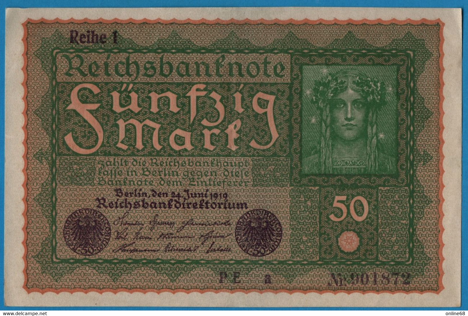 DEUTSCHES REICH 50 Mark  24.06.1919 Série PE A # 901872  P# 66 Reihe 1 - 50 Mark