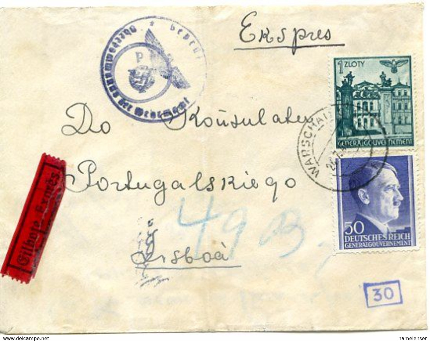 48511 - Deutsches Reich / Generalgouvernement - 1942 - Zensierter Eilbf. WARSCHAU -> Portugal - Autres & Non Classés