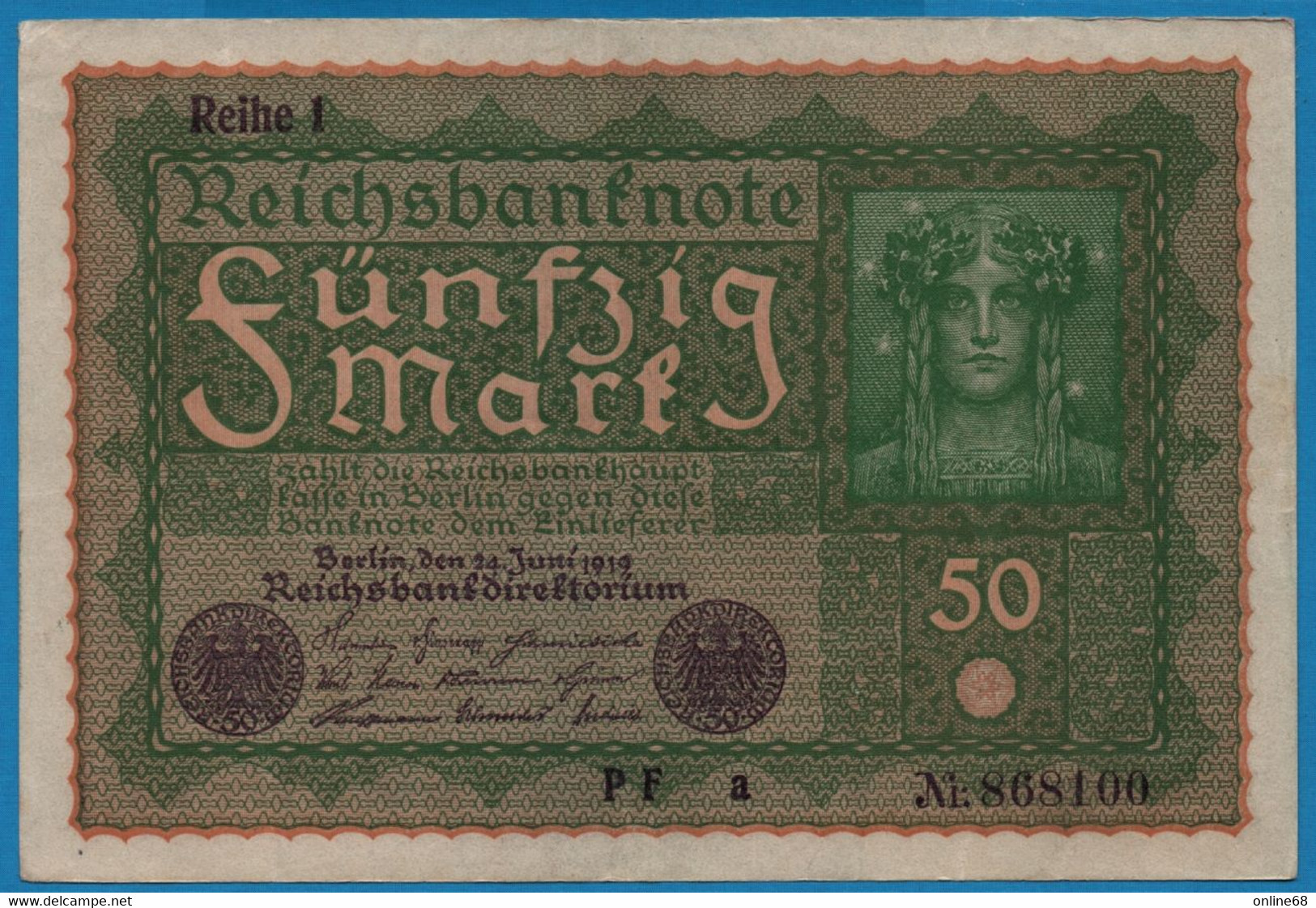 DEUTSCHES REICH 50 Mark  24.06.1919 Série PF A # 868100  P# 66 Reihe 1 - 50 Mark