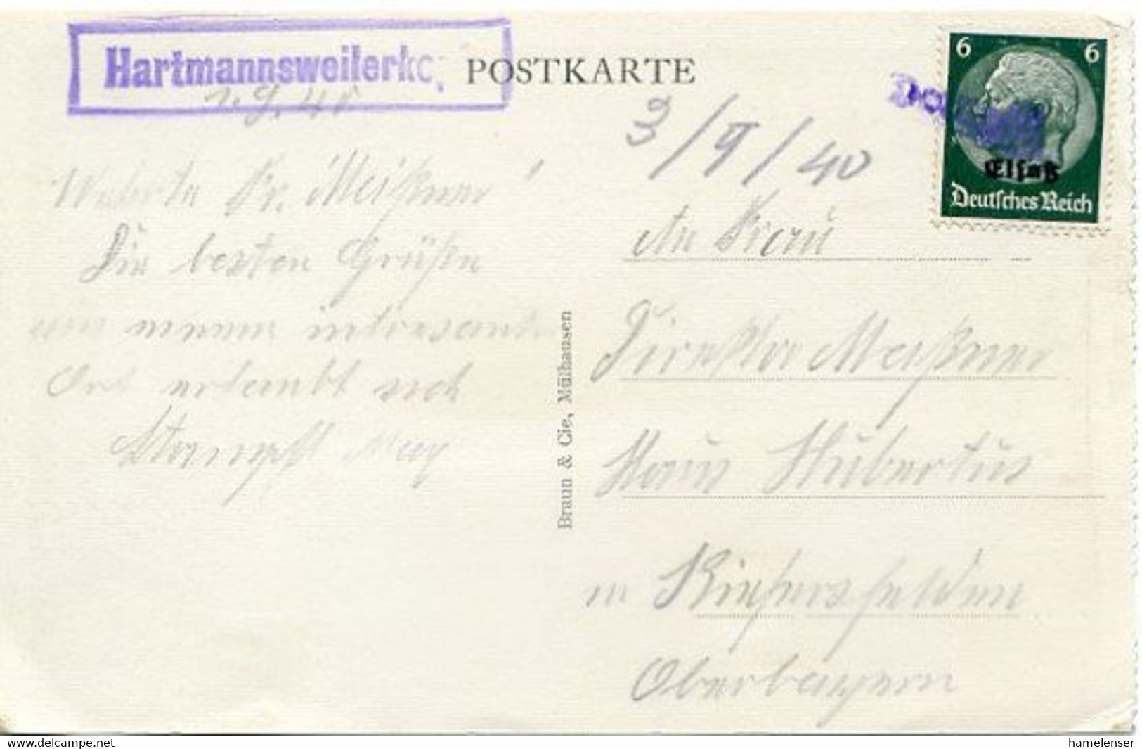 48522 - Deutsches Reich / Elsass - 1940 - 6Pfg. Hindenburg EF A. Ans.-Kte. HARTMANNSWEILERKOPF -> Kiefersfelden - Altri & Non Classificati