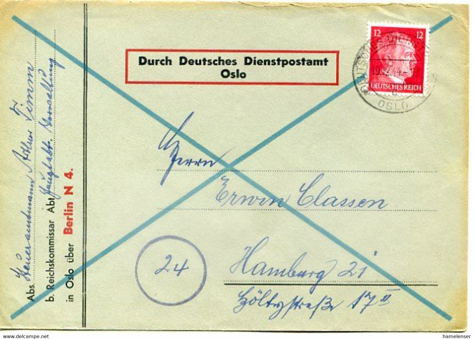 48542 - Deutsches Reich - 1944 - 12Pfg. Hitler EF A. Bf. DEUTSCHES DIENSTPOSTAMT OSLO -> Hamburg - Sonstige & Ohne Zuordnung