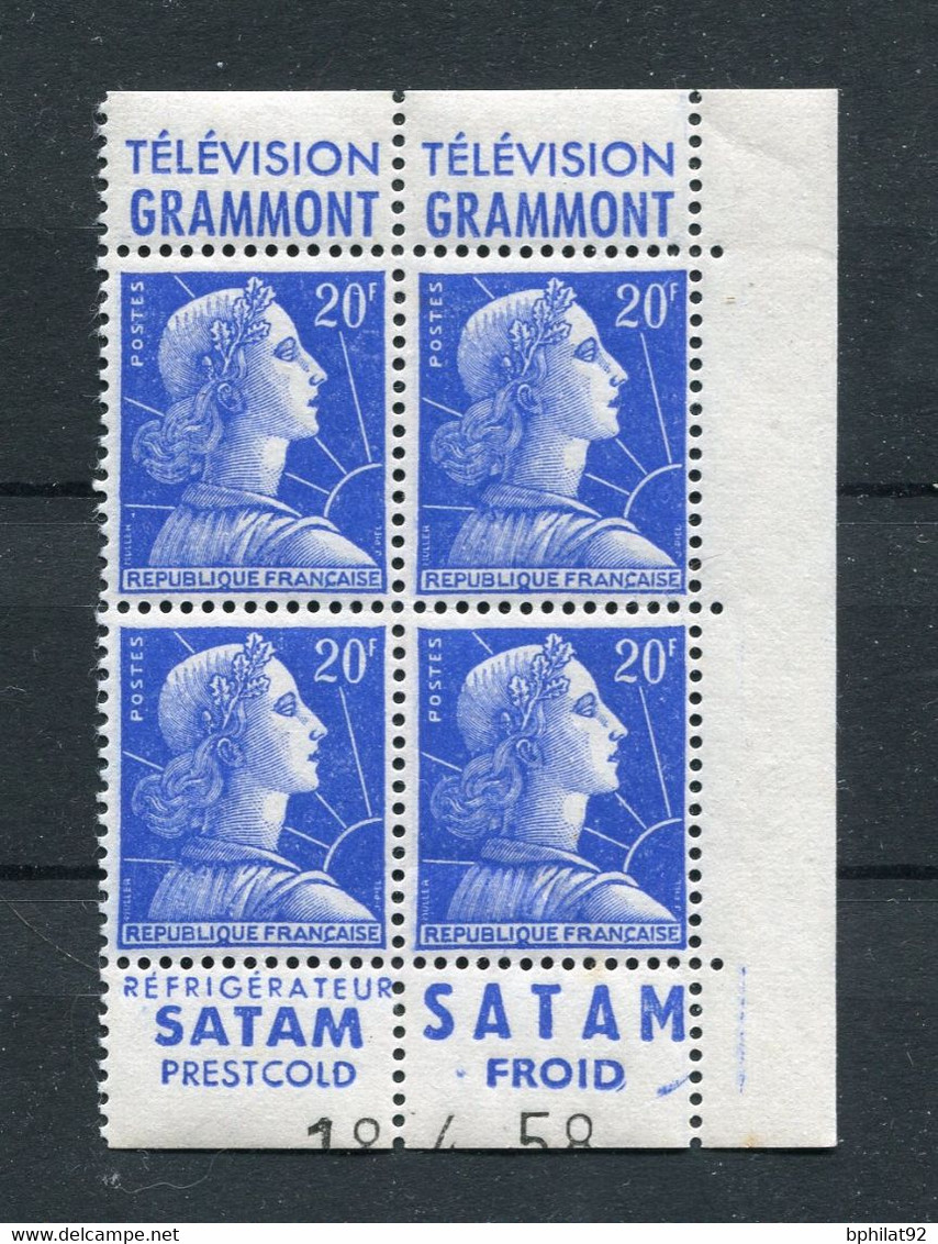 !!! 20F MARIANNE DE MULLER BLOC DE 4 AVEC BANDES PUBS GRAMMONT - SATAM ET COIN DATE NEUF ** - Unused Stamps