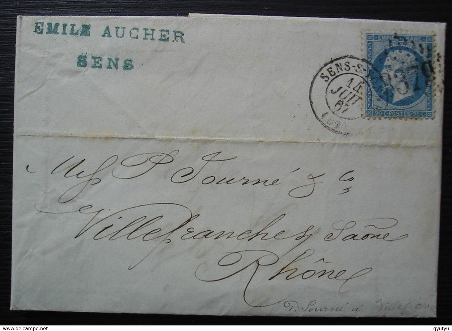 Sens Sur Yonne 1867 Emile Aucher  Lettre Pour Villefranche Sur Saône - 1849-1876: Periodo Classico