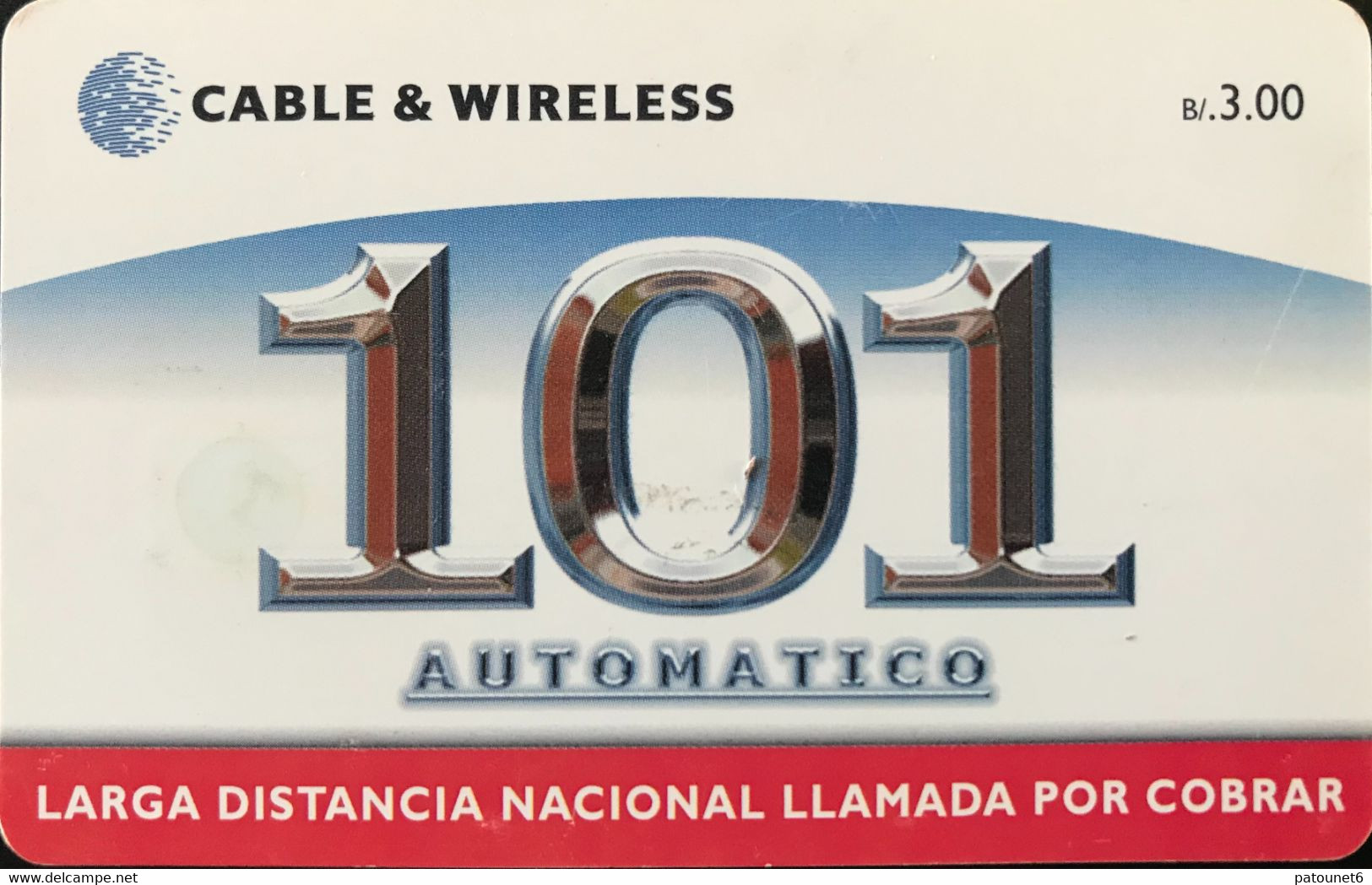 PANAMA  -  Phonecard   - Cable & Wireless   - 101 AUTOMATICO  -  B/. 3.00 - Panamá