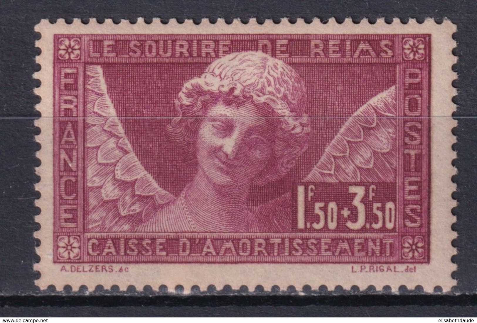 1929 - YVERT N° 256 * MLH (CHARNIERE QUASI INVISIBLE !) - COTE = 100 EUR. - SOURIRE DE REIMS - CAISSE AMORTISSEMENT - 1927-31 Caisse D'Amortissement