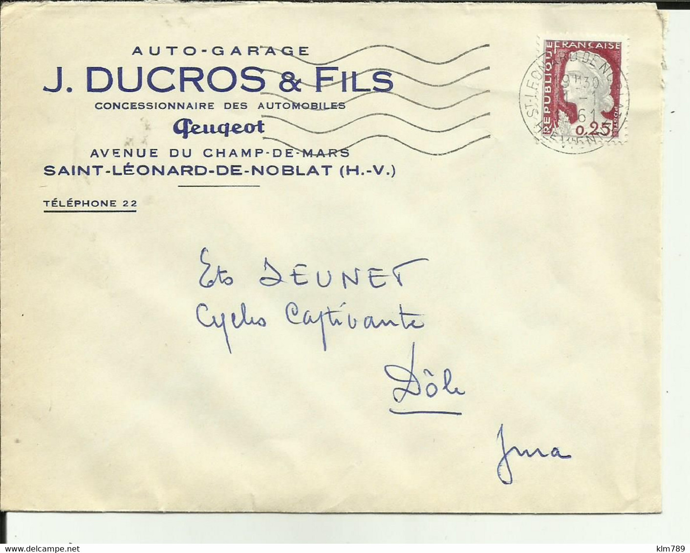 87 - Haute Vienne - Saint Léonard De Noblat - Enveloppe Voyagée - J.Ducros & Fils ' Garage Peugeot - - Saint Leonard De Noblat
