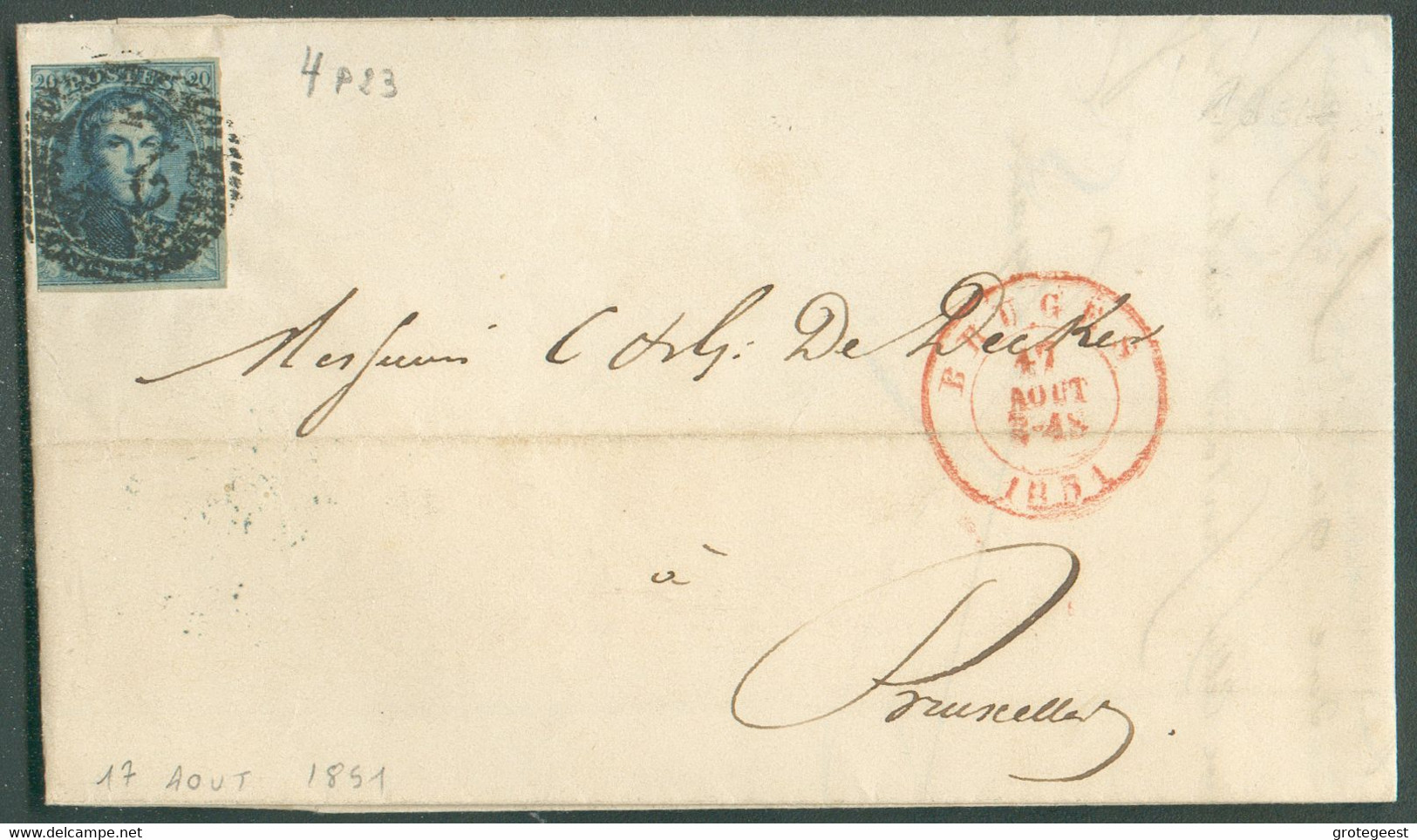 N°4 - Médaillon 20 Centimes Bleu, Obl. P.23 Sur Lettre De BRUGES Le 17 Août 1851 Vers Bruxelles  TB - 17427 - 1849-1850 Médaillons (3/5)