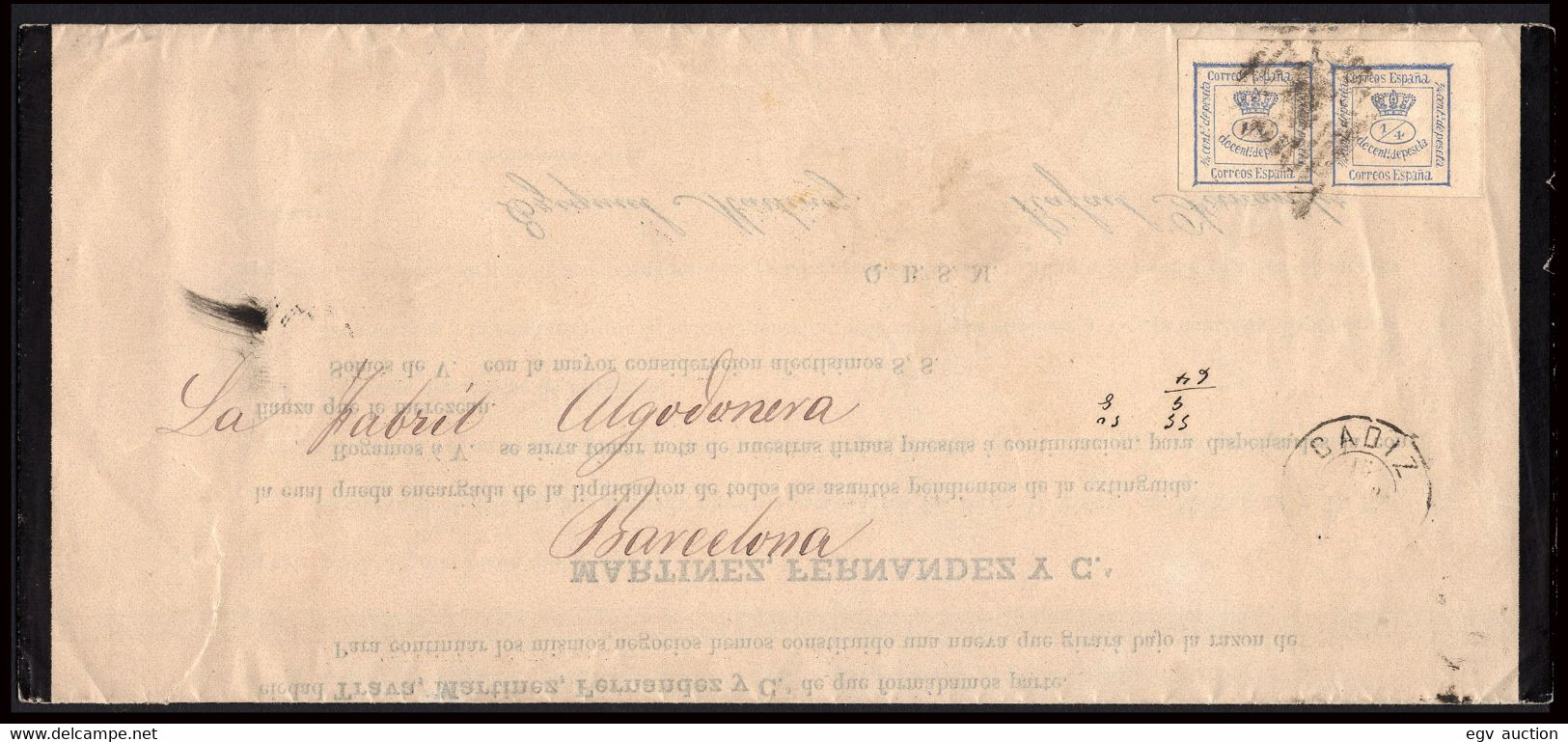 España - Edi O 115 (2 Cuartillo) - Carta Impresa "Cádiz 15/2/1873" A Barcelona - Lettres & Documents