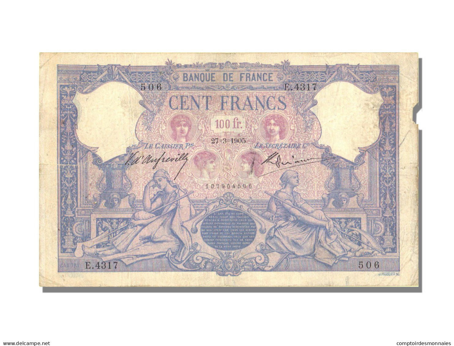 Billet, France, 100 Francs, 100 F 1888-1909 ''Bleu Et Rose'', 1905, 1905-03-27 - 100 F 1888-1909 ''Bleu Et Rose''