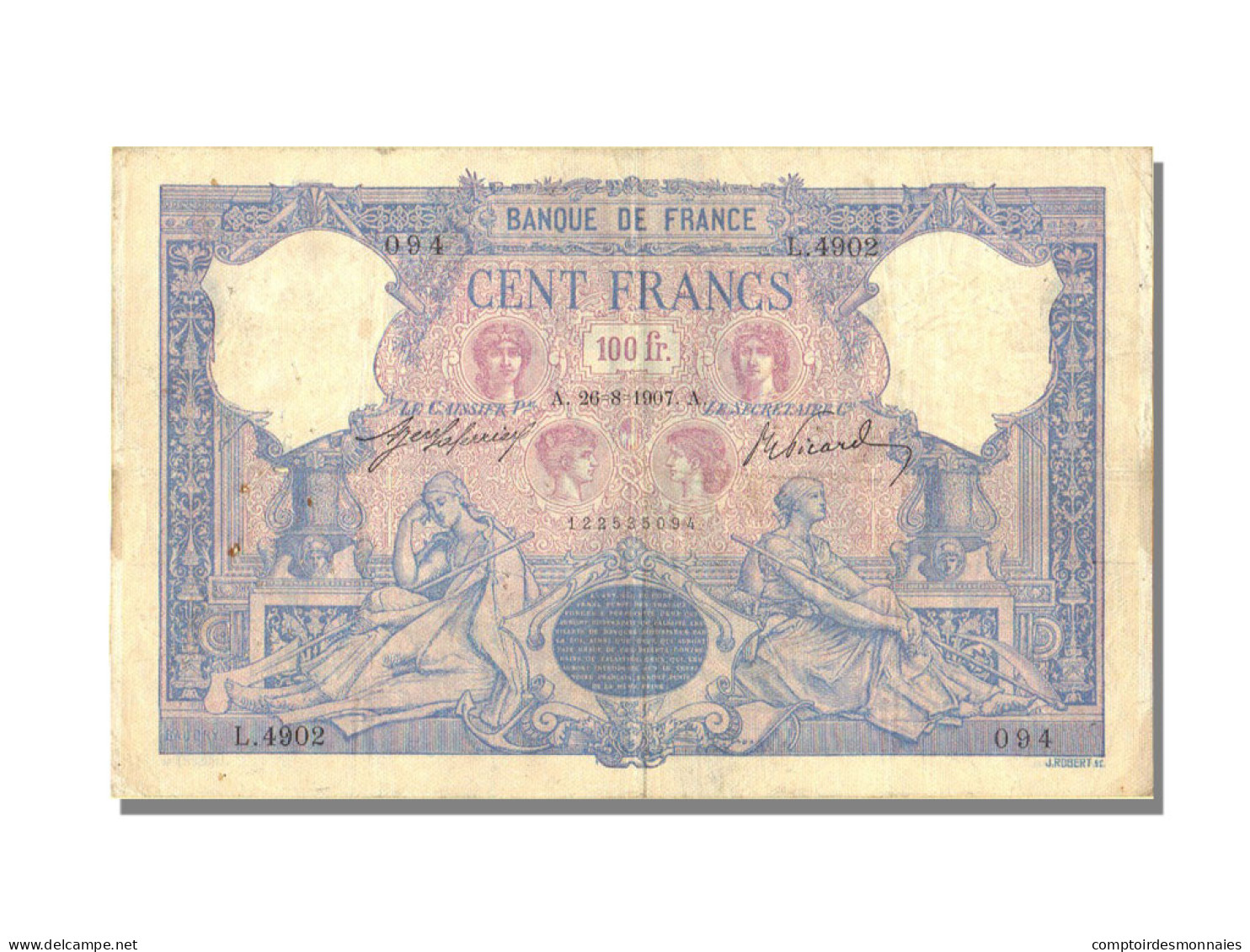 Billet, France, 100 Francs, 100 F 1888-1909 ''Bleu Et Rose'', 1907, 1907-08-26 - 100 F 1888-1909 ''Bleu Et Rose''