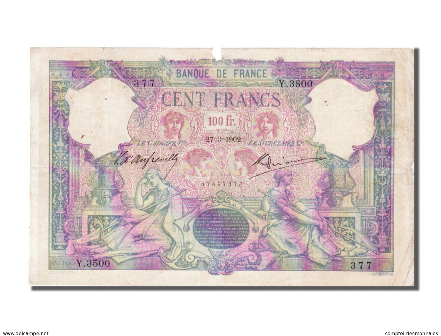 Billet, France, 100 Francs, 100 F 1888-1909 ''Bleu Et Rose'', 1902, 1902-03-27 - 100 F 1888-1909 ''Bleu Et Rose''