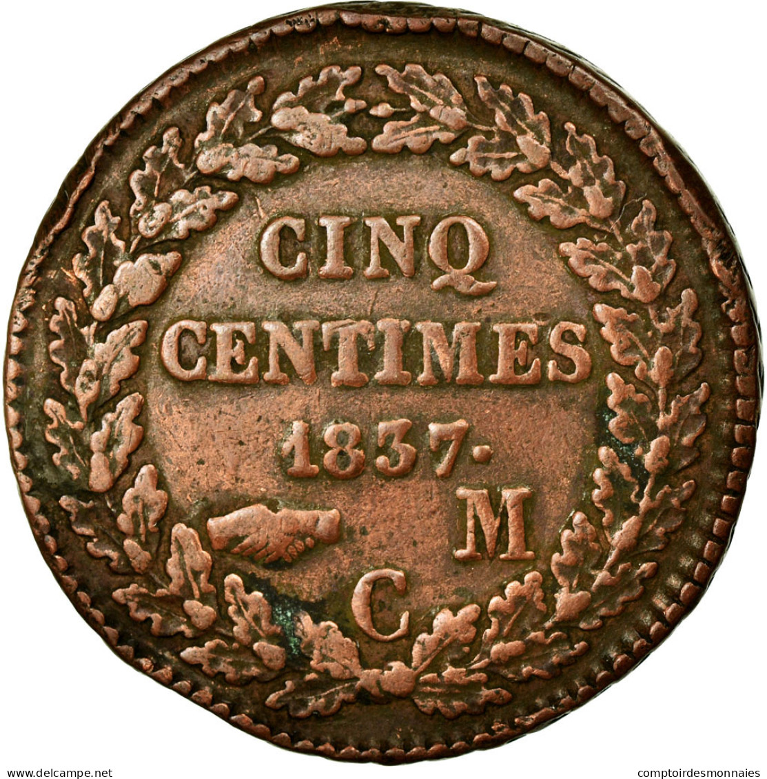 Monnaie, Monaco, Honore V, 5 Centimes, Cinq, 1837, Monaco, TB+, Cuivre - 1819-1922 Honoré V, Charles III, Albert I