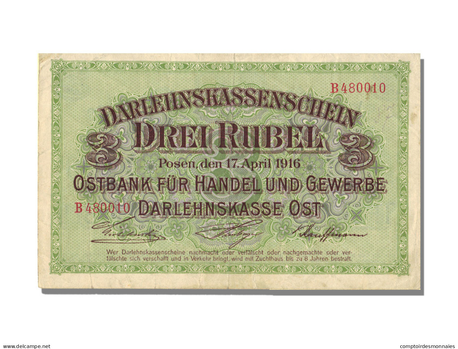 Billet, Allemagne, 3 Rubel, 1916, 1916-04-17, TTB+ - Other & Unclassified