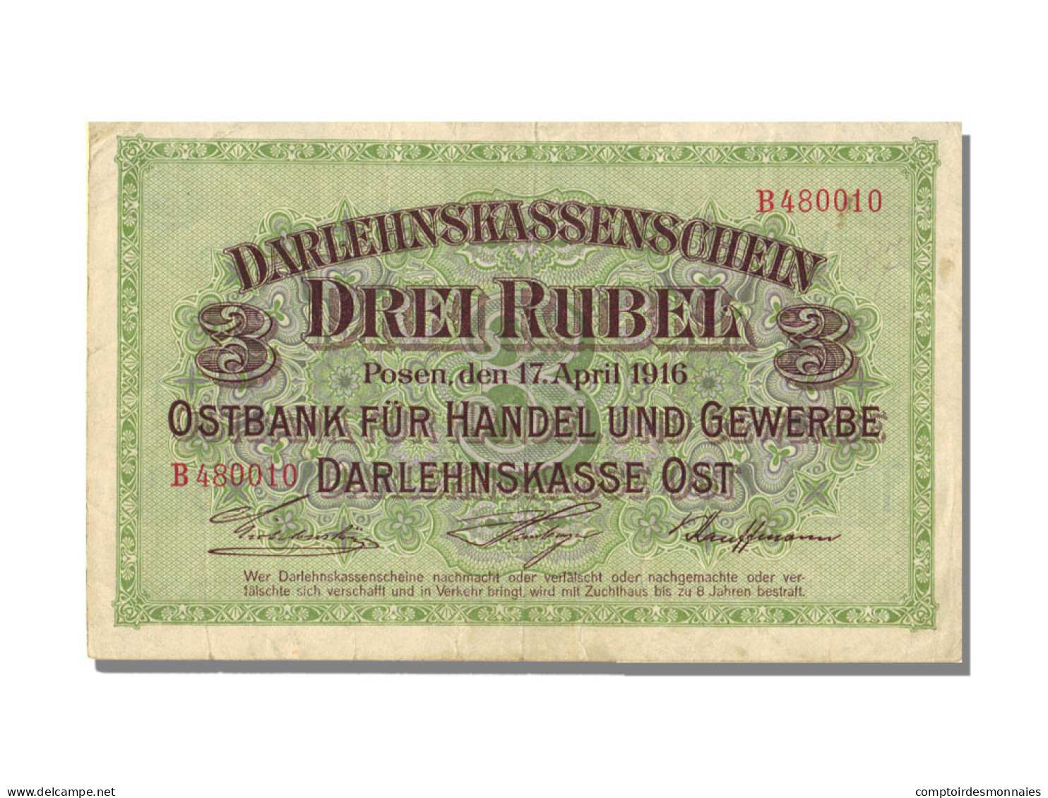 Billet, Allemagne, 3 Rubel, 1916, 1916-04-17, TTB+ - Autres & Non Classés