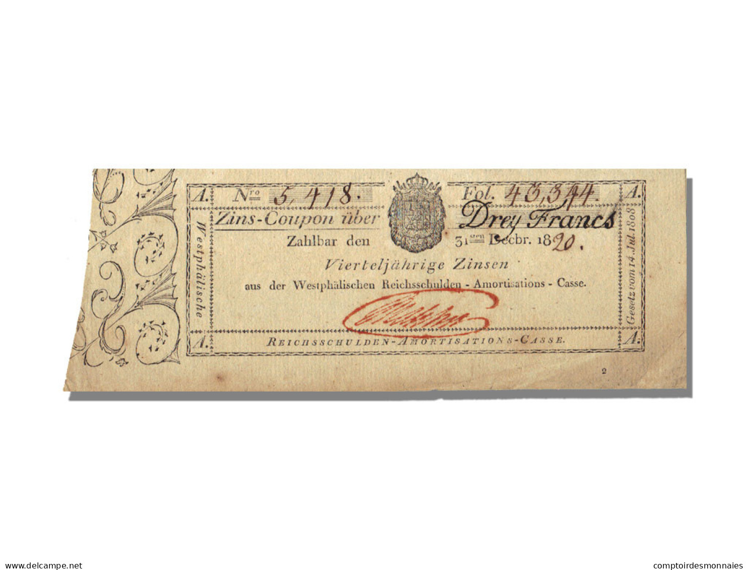 Billet, Etats Allemands, 3 Franken, 1820, 1820-12-31, SUP - [ 1] …-1871 : Stati Tedeschi