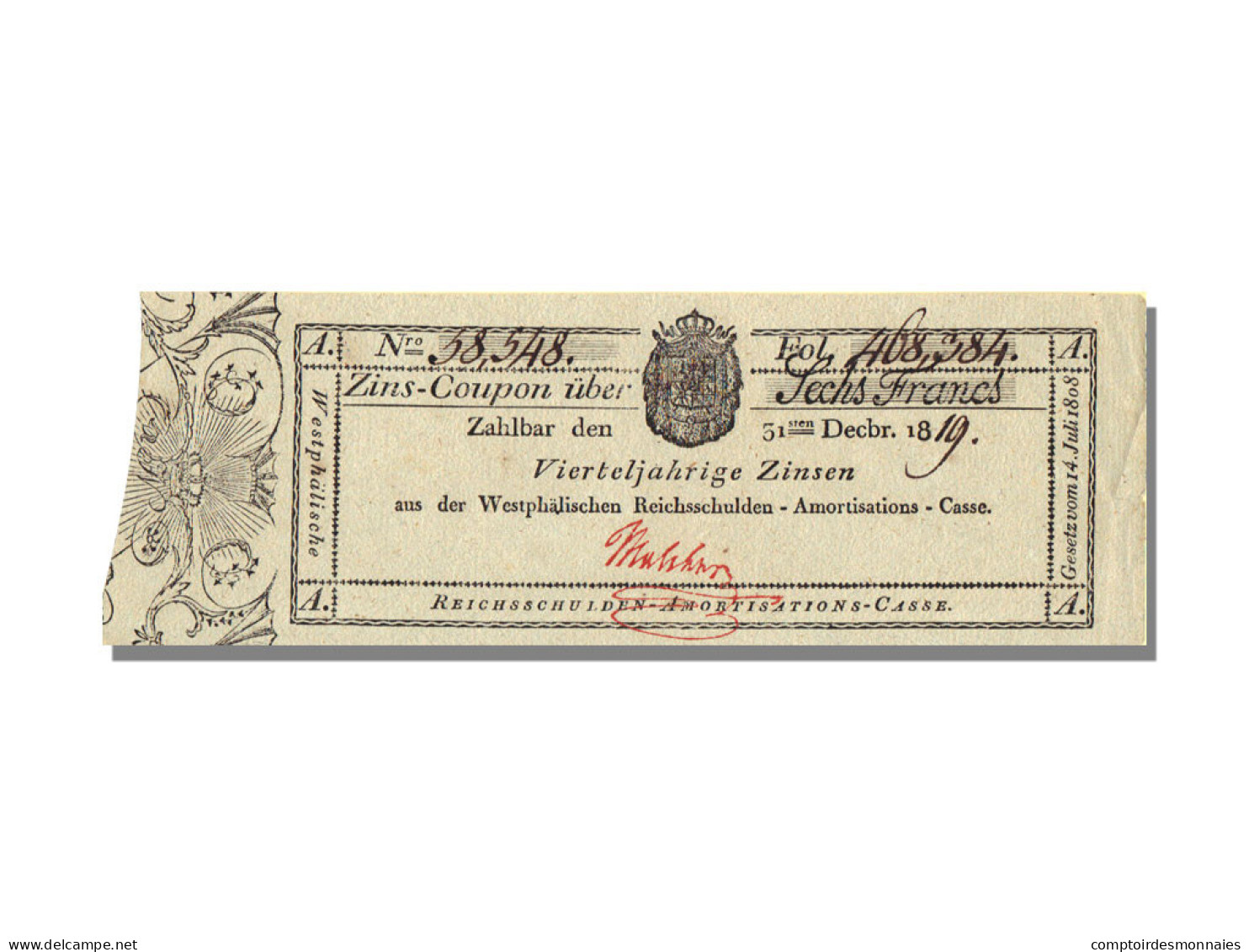 Billet, Etats Allemands, 6 Franken, 1819, 1819-12-31, SUP - [ 1] …-1871 : Stati Tedeschi