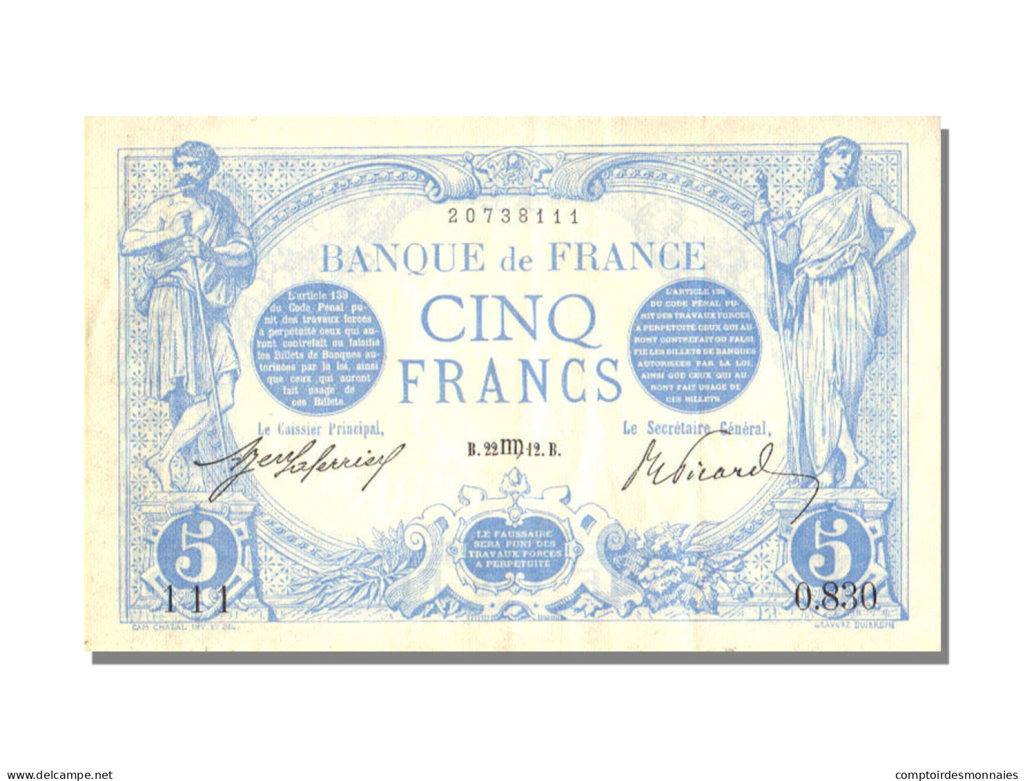 Billet, France, 5 Francs, 5 F 1912-1917 ''Bleu'', 1912, 1912-08-01, SPL - 5 F 1912-1917 ''Bleu''