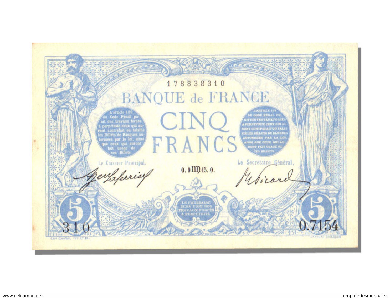 Billet, France, 5 Francs, 5 F 1912-1917 ''Bleu'', 1915, 1915-08-09, SUP+ - 5 F 1912-1917 ''Bleu''