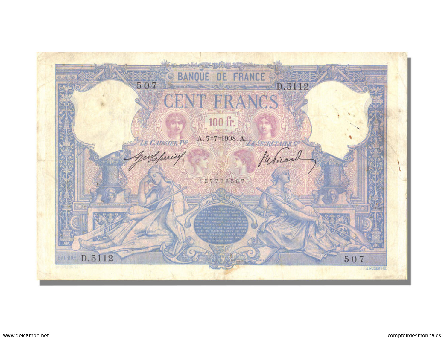 Billet, France, 100 Francs, 100 F 1888-1909 ''Bleu Et Rose'', 1908, 1908-07-07 - 100 F 1888-1909 ''Bleu Et Rose''