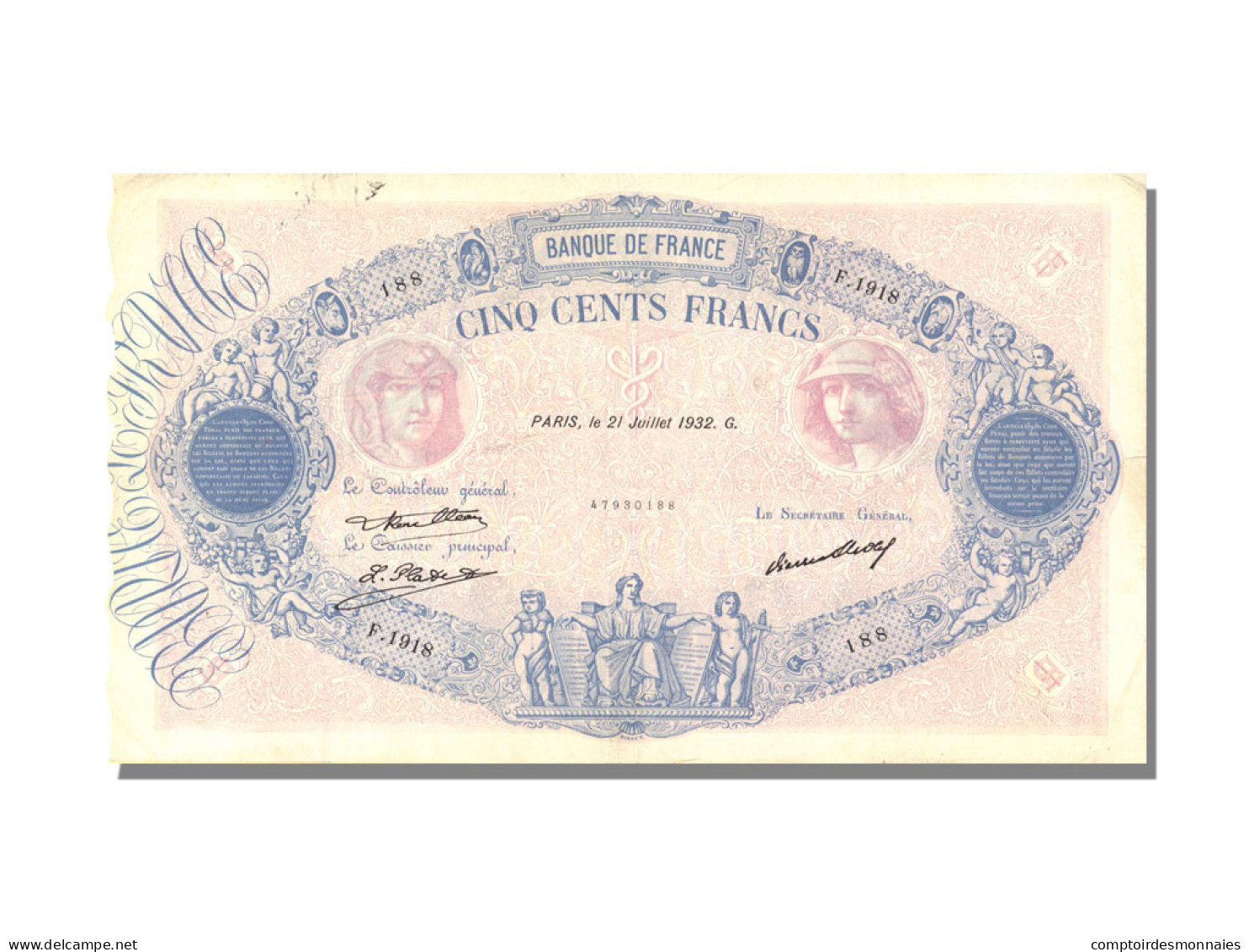Billet, France, 500 Francs, 500 F 1888-1940 ''Bleu Et Rose'', 1932, 1932-07-21 - 500 F 1888-1940 ''Bleu Et Rose''