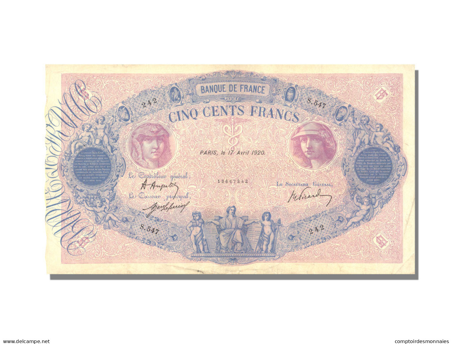 Billet, France, 500 Francs, 500 F 1888-1940 ''Bleu Et Rose'', 1920, 1920-04-17 - 500 F 1888-1940 ''Bleu Et Rose''