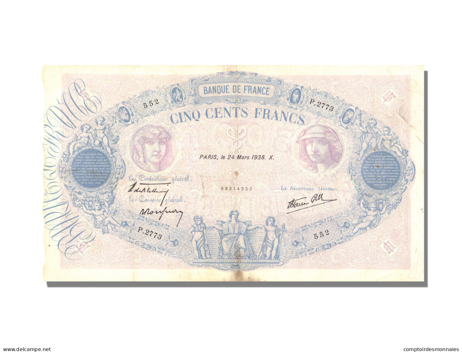 Billet, France, 500 Francs, 500 F 1888-1940 ''Bleu Et Rose'', 1938, 1938-03-24 - 500 F 1888-1940 ''Bleu Et Rose''