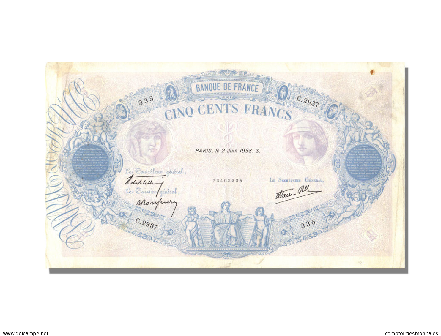 Billet, France, 500 Francs, 500 F 1888-1940 ''Bleu Et Rose'', 1938, 1938-06-02 - 500 F 1888-1940 ''Bleu Et Rose''