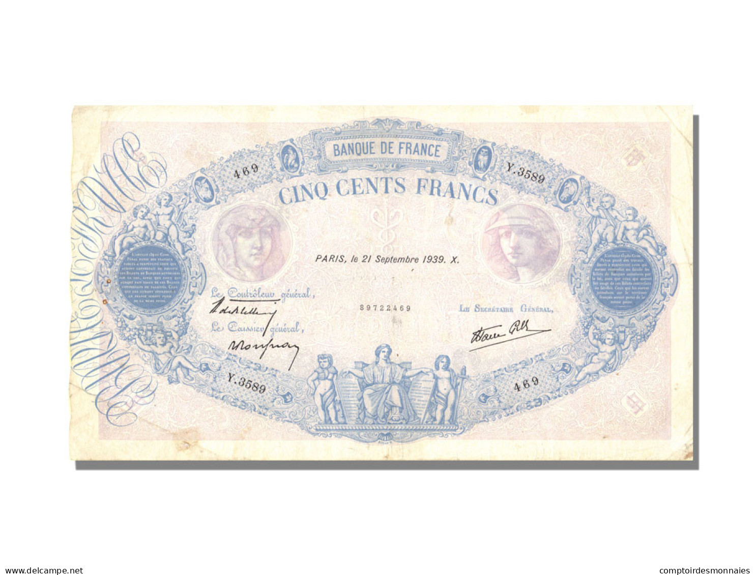 Billet, France, 500 Francs, 500 F 1888-1940 ''Bleu Et Rose'', 1939, 1939-09-21 - 500 F 1888-1940 ''Bleu Et Rose''