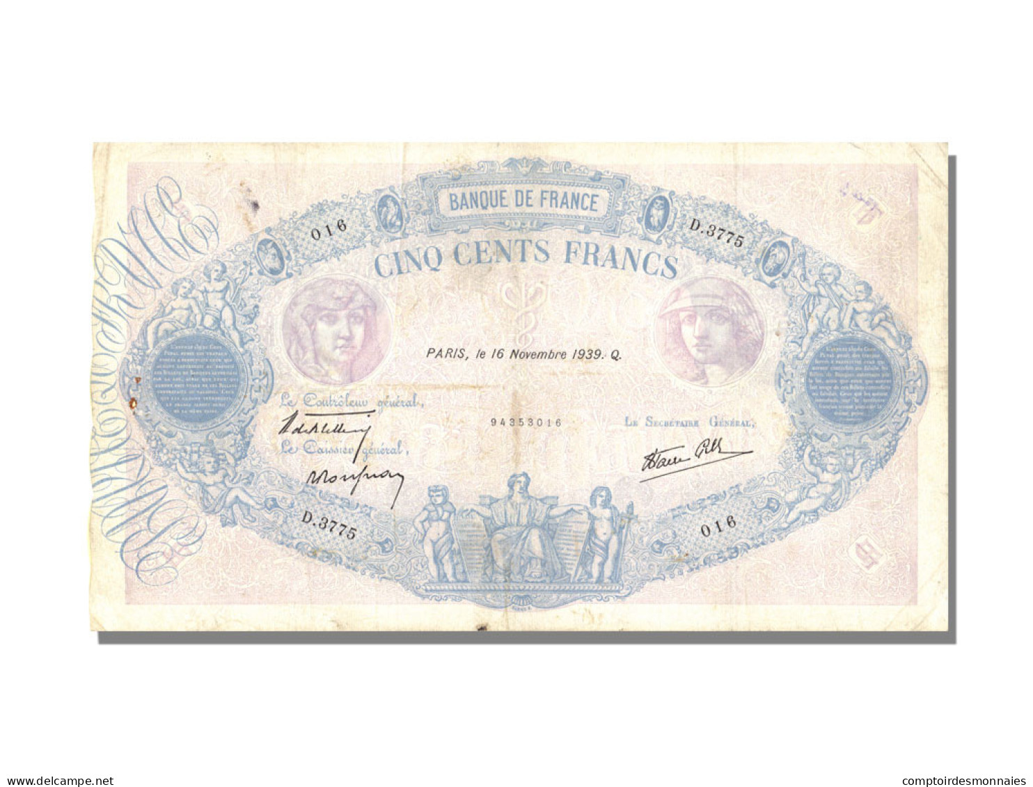 Billet, France, 500 Francs, 500 F 1888-1940 ''Bleu Et Rose'', 1939, 1939-11-16 - 500 F 1888-1940 ''Bleu Et Rose''