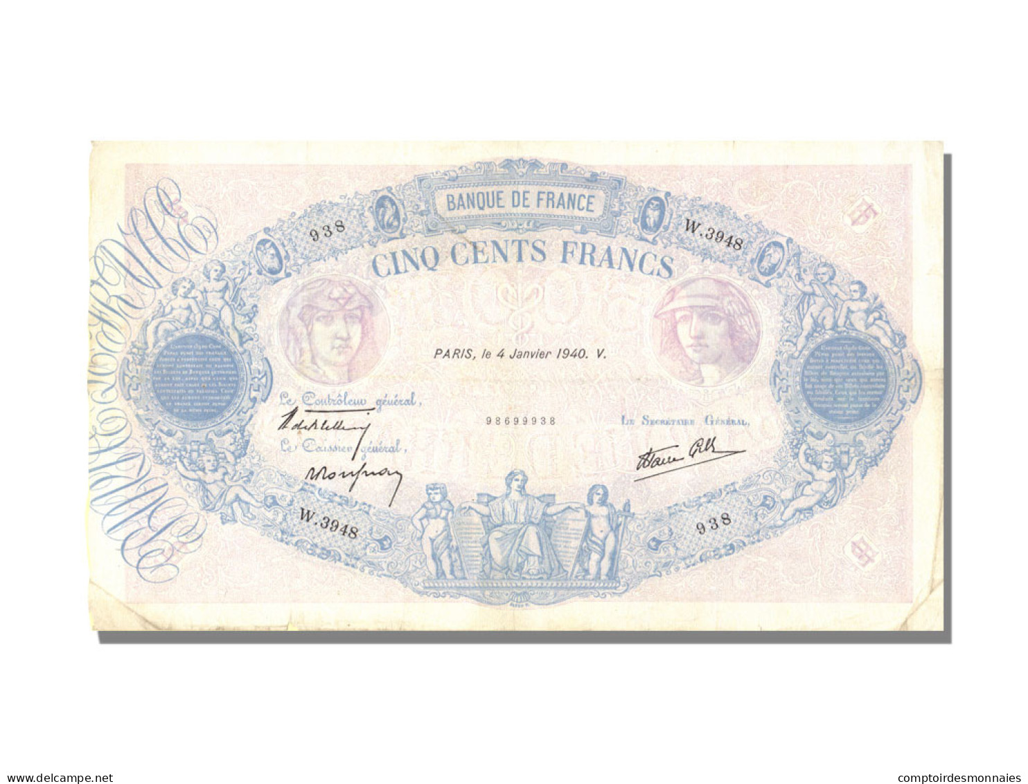 Billet, France, 500 Francs, 500 F 1888-1940 ''Bleu Et Rose'', 1940, 1940-01-04 - 500 F 1888-1940 ''Bleu Et Rose''