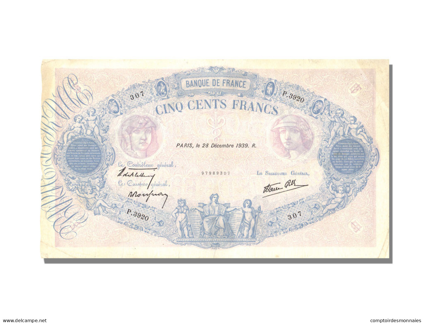 Billet, France, 500 Francs, 500 F 1888-1940 ''Bleu Et Rose'', 1939, 1939-12-25 - 500 F 1888-1940 ''Bleu Et Rose''