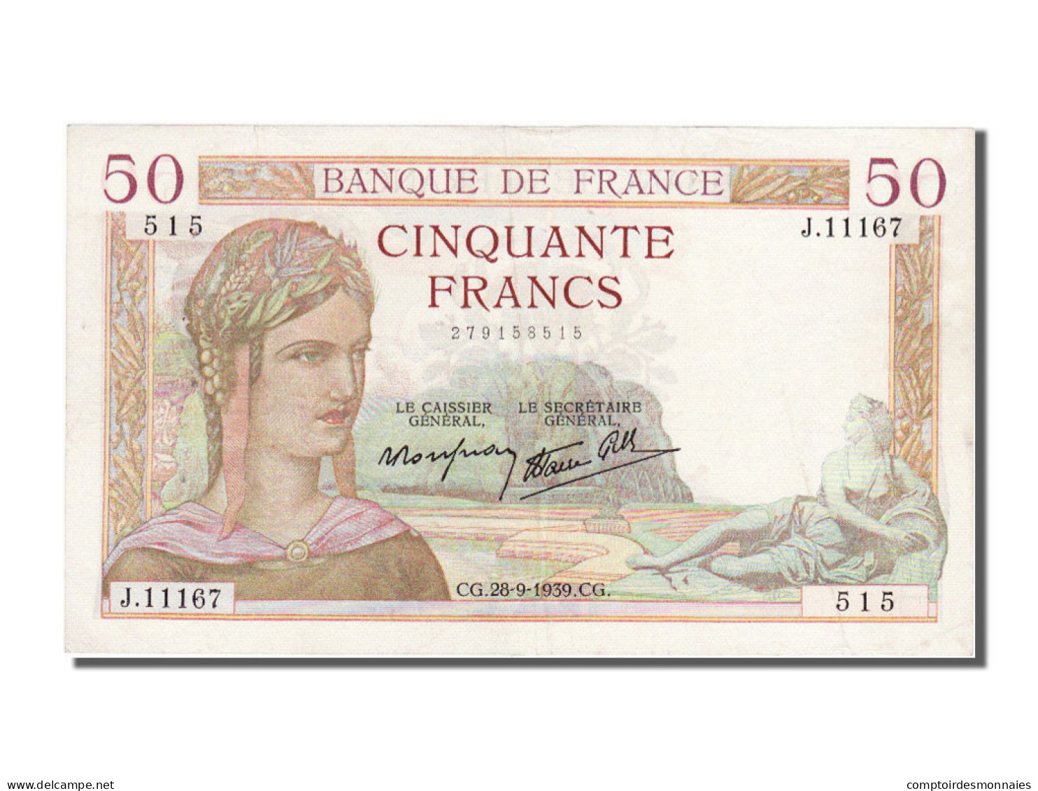 Billet, France, 50 Francs, 50 F 1934-1940 ''Cérès'', 1939, 1939-09-28, TTB+ - 50 F 1934-1940 ''Cérès''