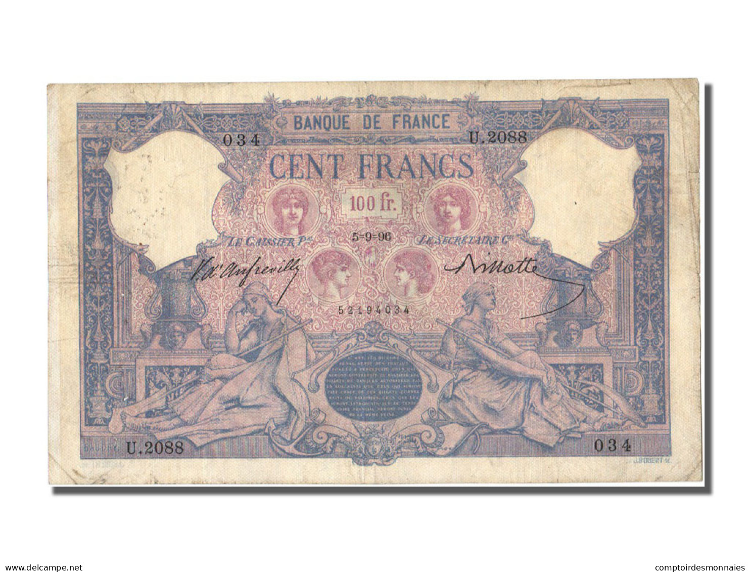 Billet, France, 100 Francs, 100 F 1888-1909 ''Bleu Et Rose'', 1896, 1896-09-05 - 100 F 1888-1909 ''Bleu Et Rose''