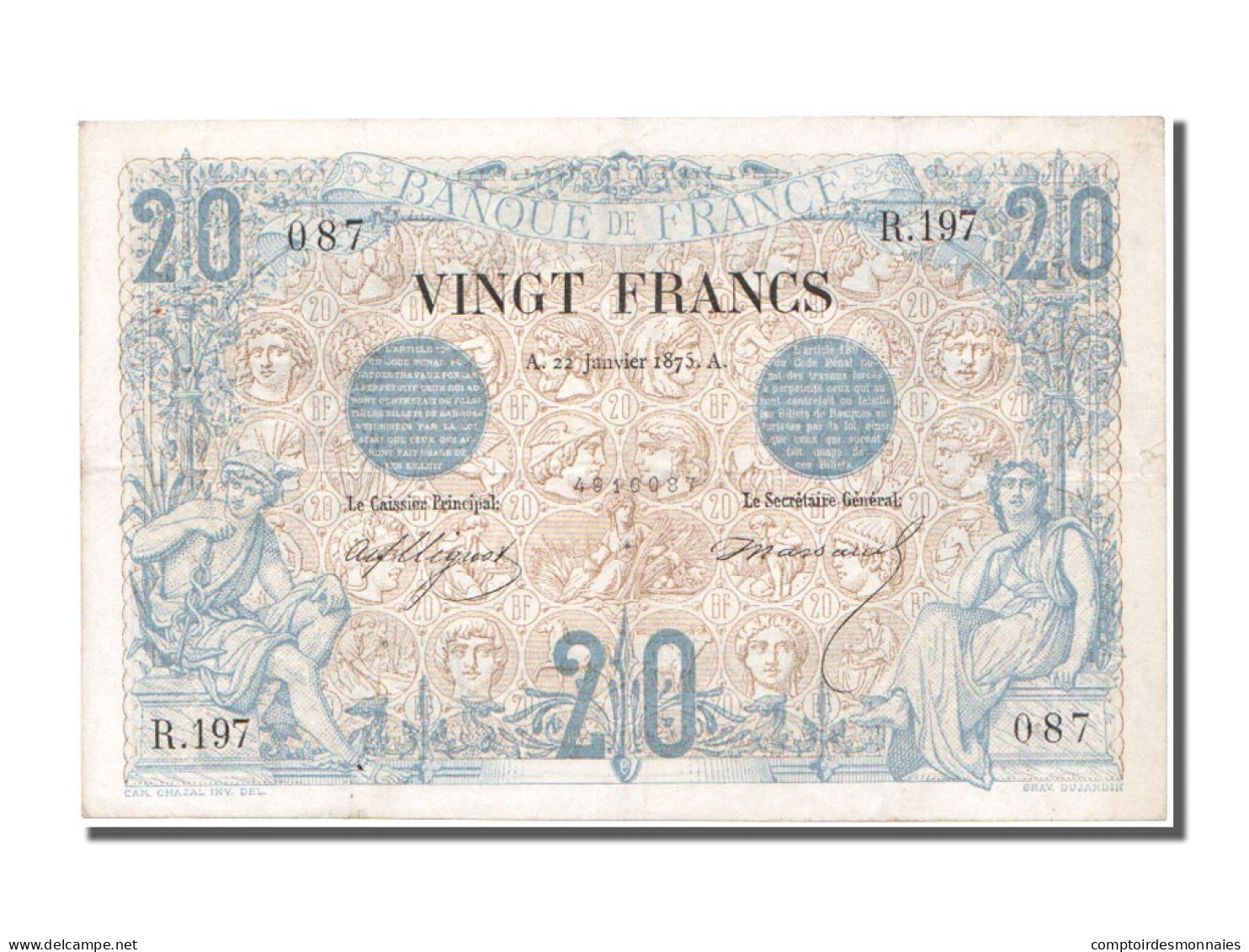 Billet, France, 20 Francs, 20 F 1874-1905 ''Noir'', 1875, 1875-01-22, TTB - 20 F 1874-1905 ''Noir''