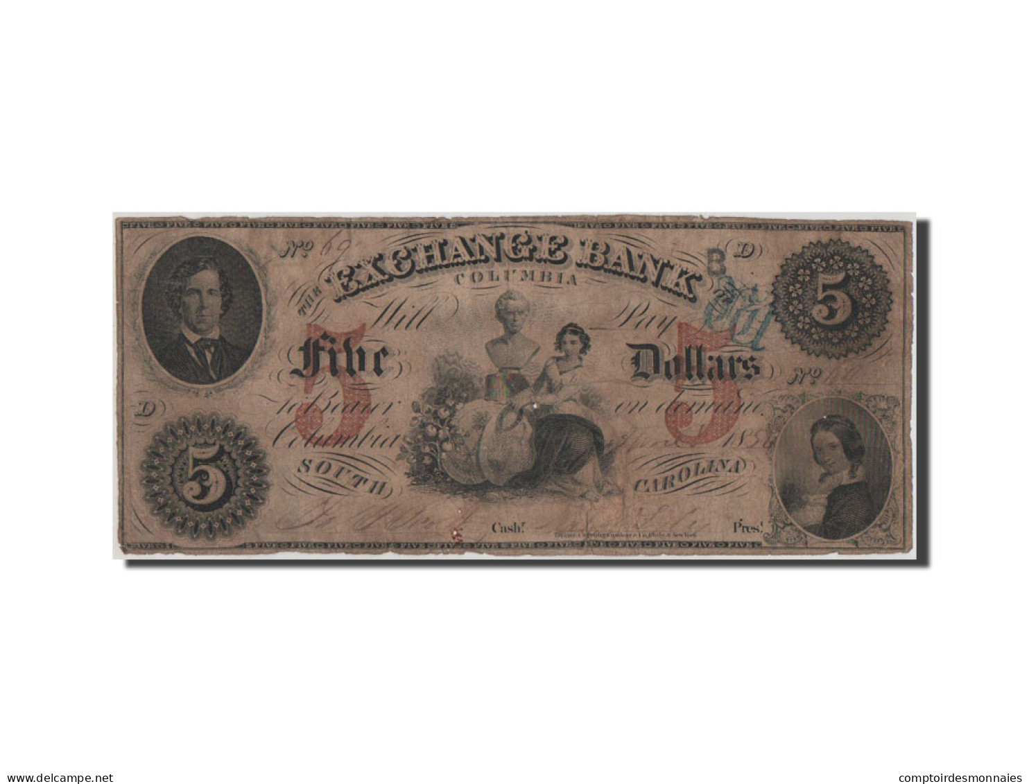 Billet, États-Unis, 5 Dollars, 1854, TB - South Carolina
