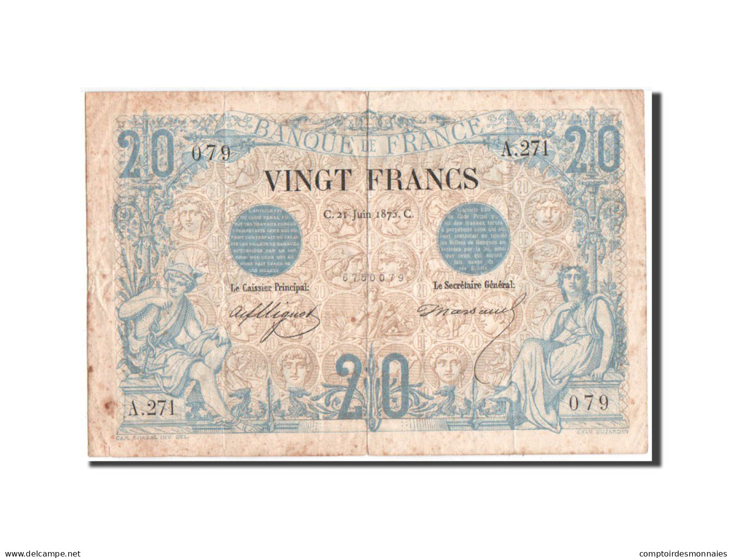 Billet, France, 20 Francs, 20 F 1874-1905 ''Noir'', 1875, 21.06.1875, TB - 20 F 1874-1905 ''Noir''