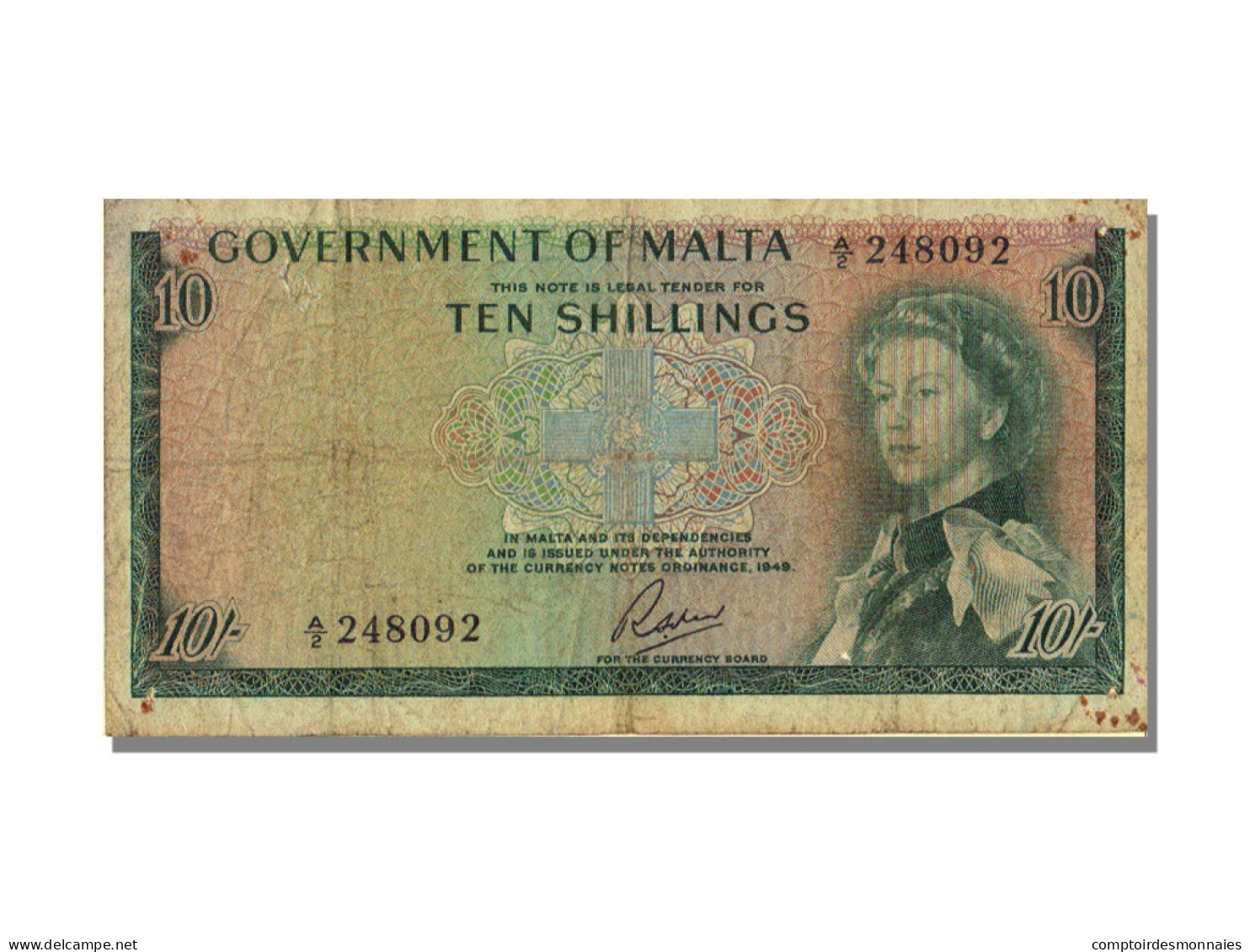 Billet, Malte, 10 Shillings, 1949, KM:25a, TB+ - Malte