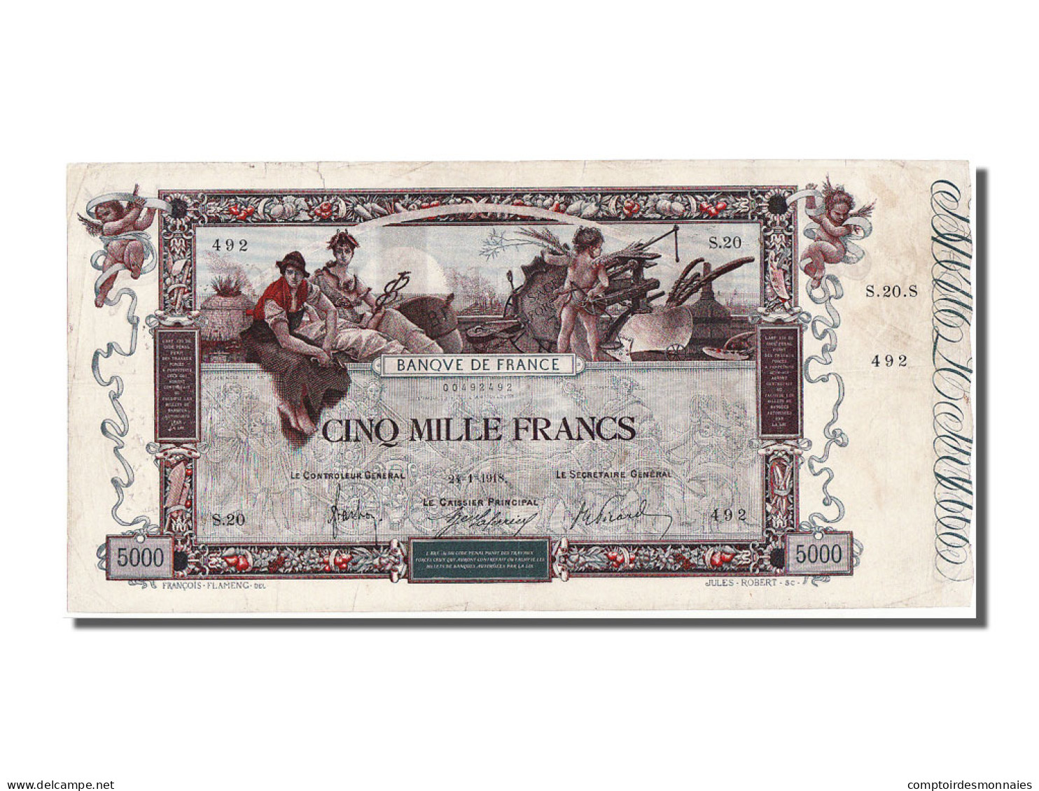 Billet, France, 5000 Francs, 5 000 F 1918 ''Flameng'', 1918, 1918-01-24, TB+ - 5 000 F 1918 ''Flameng''