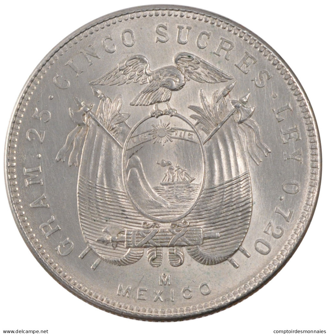 Monnaie, Équateur, 5 Sucres, Cinco, 1944, Mexico City, Mexico, SUP+, Argent - Ecuador