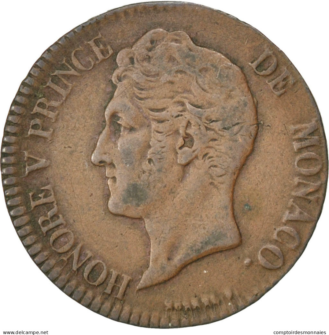 Monnaie, Monaco, Honore V, 5 Centimes, Cinq, 1837, Monaco, TB+, Cast Brass - 1819-1922 Honoré V, Charles III, Albert I