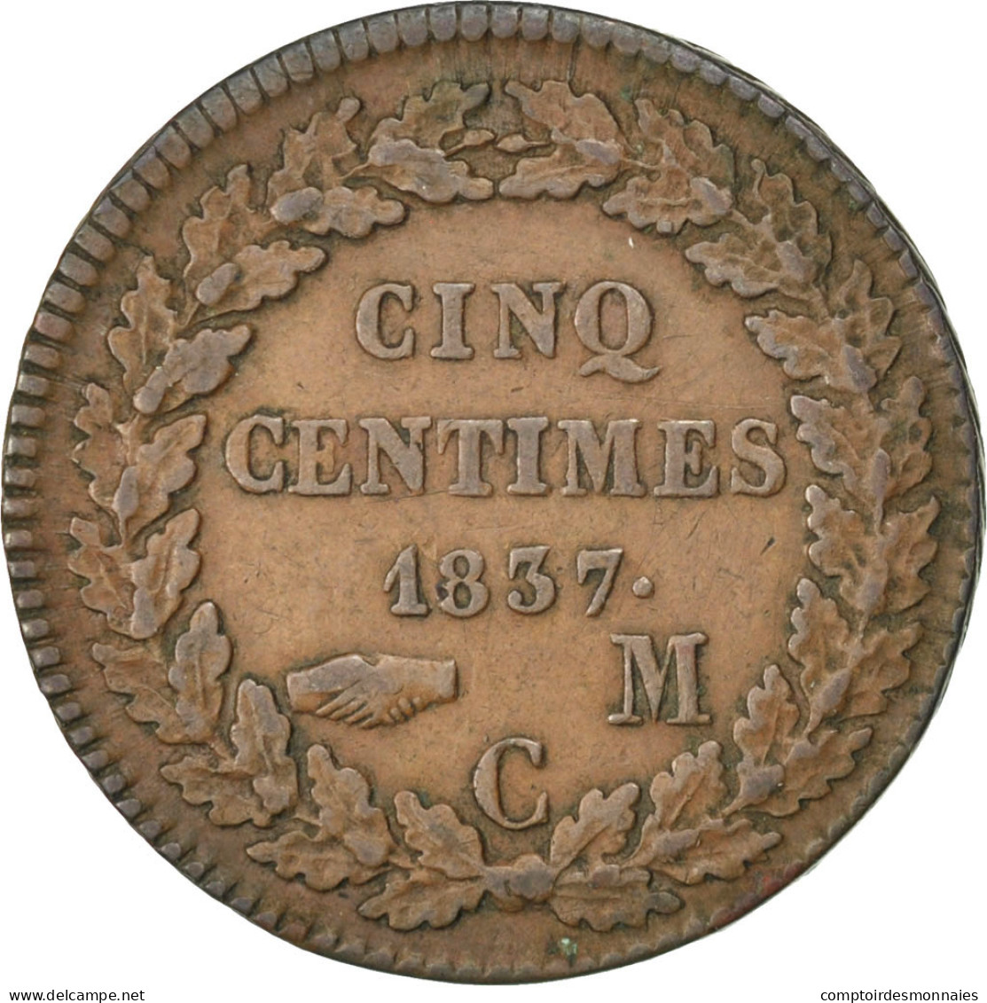 Monnaie, Monaco, Honore V, 5 Centimes, Cinq, 1837, Monaco, TB+, Cast Brass - 1819-1922 Onorato V, Carlo III, Alberto I