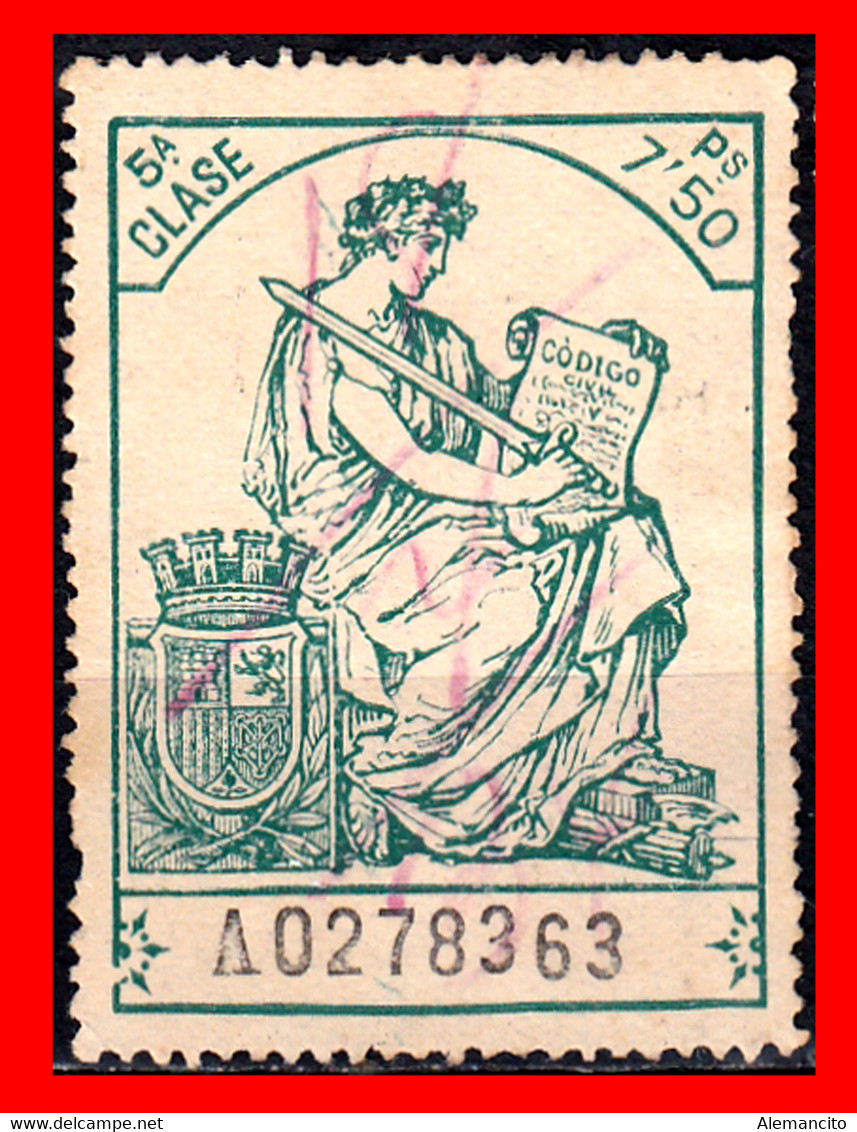 ESPAÑA  ( POLIZA FISCAL 5ª CLASE VALOR 7.50 PTAS. POLIZA NºA0278363 SERIE AÑO 1932-1939 - Fiscales