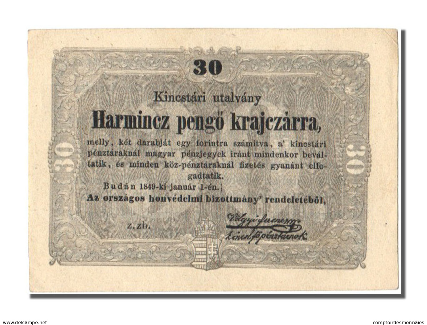 Billet, Hongrie, 30 Pengö Krajczar, 1849, SPL - Hongrie