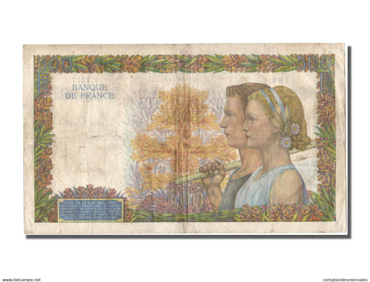 Billet, France, 500 Francs, 500 F 1940-1944 ''La Paix'', 1942, 1942-10-15, TTB+ - 500 F 1940-1944 ''La Paix''
